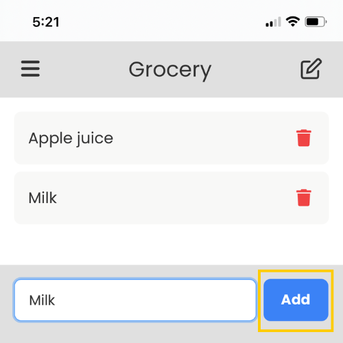 Screenshot of adding and crossing off items