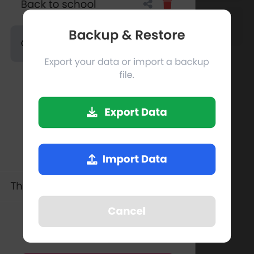 Screenshot of backup and restore modal